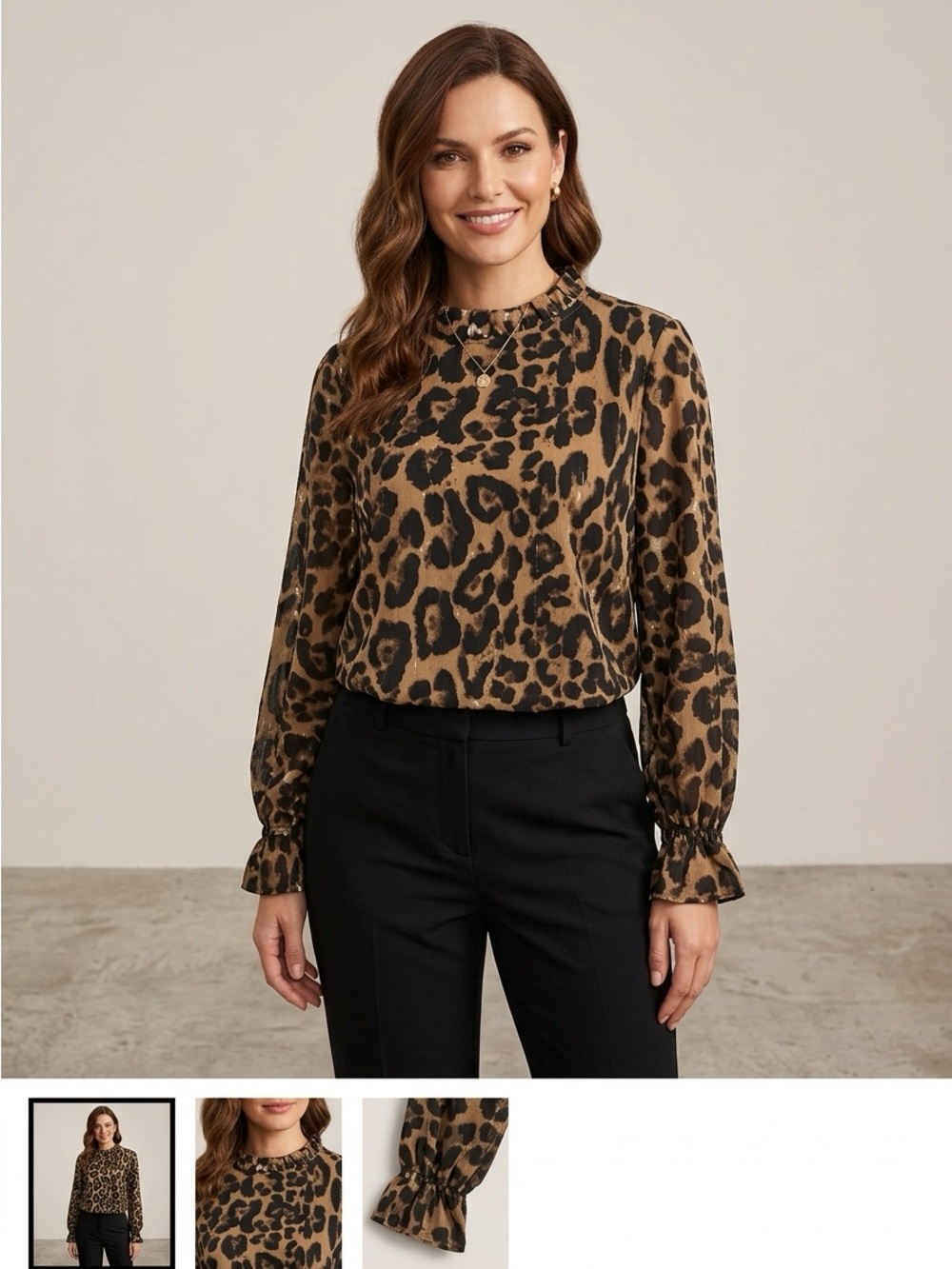 Leopard Print Ruffle High Neck Blouse Size Medium Long Sleeve NWOT